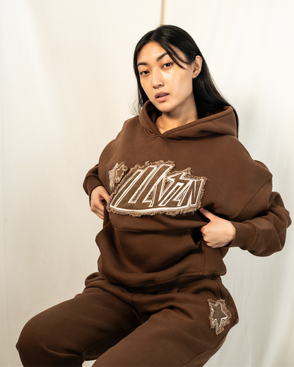 Distressed Applique Hoodie - Brown