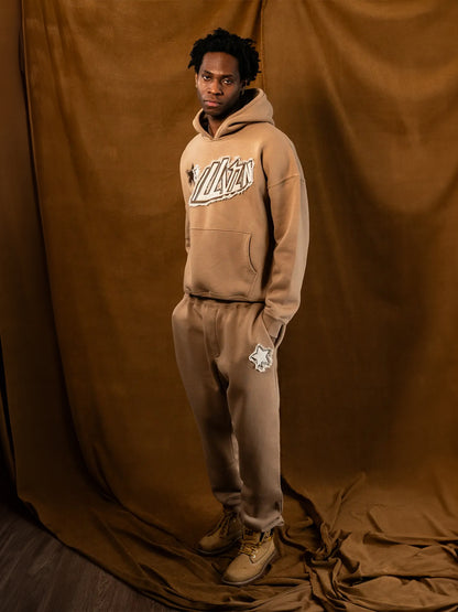 DISTRESSED APPLIQUE HOODIE - PEANUT